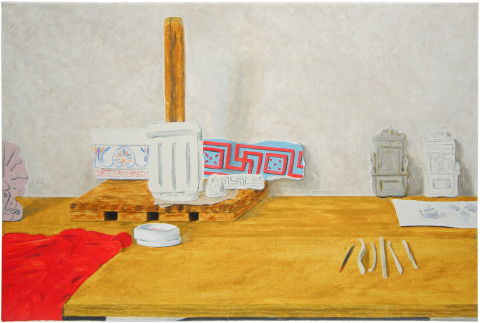 Linda Marrinon Still life with godets and architectural fragments, 2000; oil on canvas; 41 x 61 cm; enquire