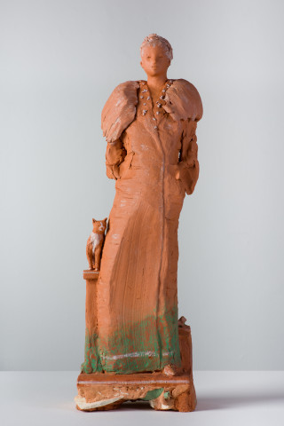 Linda Marrinon Portrait of Hera with woman with stole, 2021; terracotta; 62 x 18 x 12 cm; more info; enquire