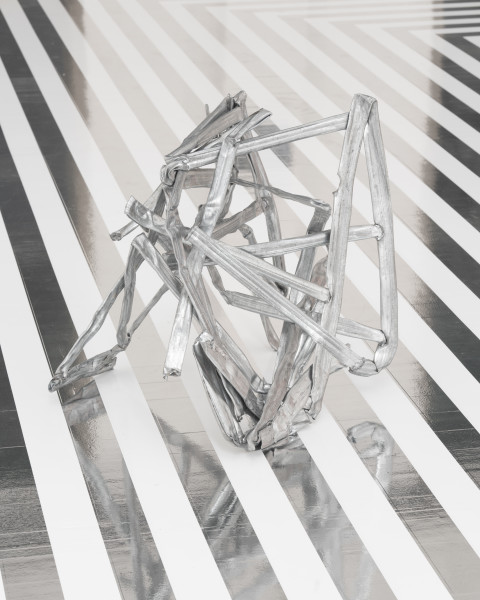 Jim Lambie Crushed Barrier (Atmosphere), 2026; crushed metal barrier and steel fencing wire; 53 x 60 x 60 cm; more info; enquire