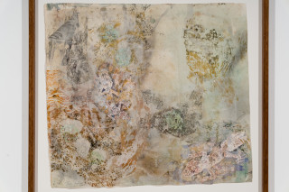John Wolseley Cryptic mimicry of the Moritz's leaf-tailed gecko (detail), 2024; watercolour, graphite, frottage and woodblock prints on Gampi and Arches paper; 77 x 86 cm; 94 x 101 cm (framed); enquire