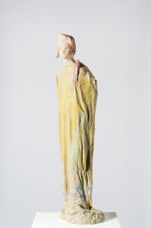 Linda Marrinon Woman with robe and pink ribbon, 2025; tinted and painted plaster with muslin; 110 x 30 x 25 cm; enquire