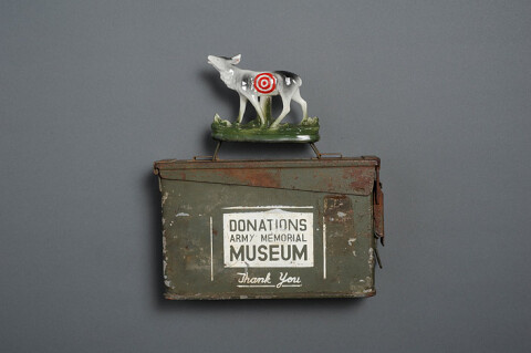 Fiona Hall Untitled, 2012; steel ammunition box, ceremic ornament, paint; 50 x 120 x 17 cm; enquire