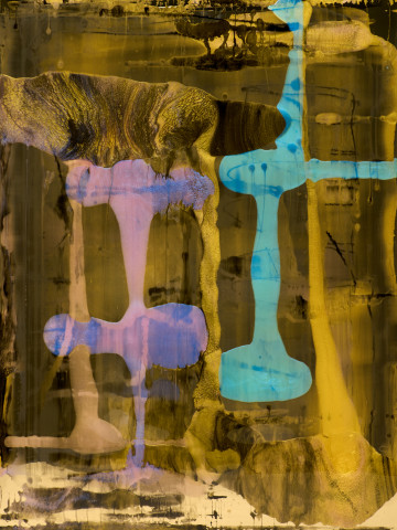 Dale Frank He took all my prescription meds, but I got a garlic prawn pizza before, and pleasure at my leisure after, 2022; Colour pigments in Easycast, Epoxyglass on perspex; 200 x 150 cm; enquire