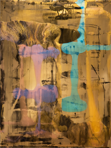 Dale Frank He took all my prescription meds, but I got a garlic prawn pizza before, and pleasure at my leisure after, 2022; Colour pigments in Easycast, Epoxyglass on Perspex; 200 x 150 cm; more info; enquire