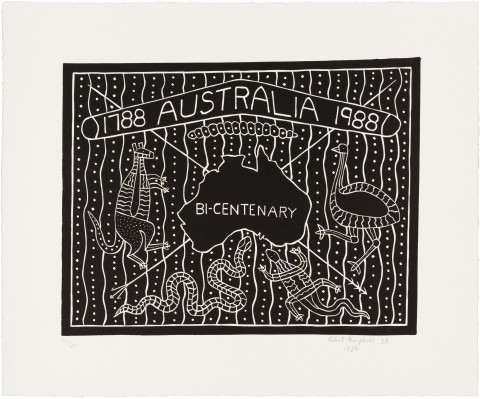 Robert Campbell Jnr Australia Bicentenary, 1986; lino cut; 31 x 40.5 cm; edition of 20; enquire
