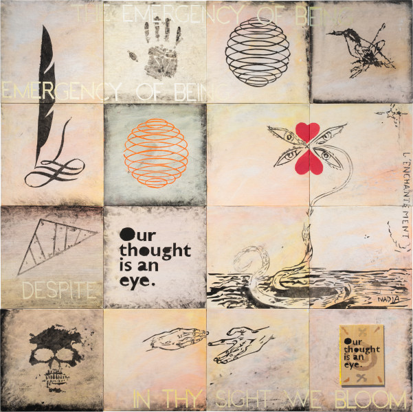 Imants Tillers Our Thought Is An Eye, 2024; synthetic polymer paint, gouache on 17 canvasboards, nos. 112511 – 112527; 121.9 x 121.9 cm; enquire