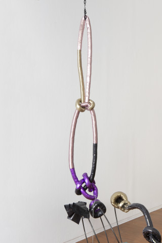 Sarah Contos Bragging Recliner trap, 2017 (detail); steel, aluminium, metallic fabric, epoxy, poly-fil, thread, plastic chain, hard-wares; 410 x 160 x 124 cm; Enquire