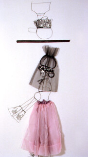 Jacqueline Fraser A portrait of that sly back pushed so fierce aghast., 2001; from the series A Portrait of the Lost Boys > To Our Lost Boy Ivan, carbon monoxide gassed 1998; wire, brown braid, sequin taffeta, text, pink gabendine, pale pink organza, black tulle; 290 x 90 cm; Provinece: New Museum N.Y. 2001; enquire