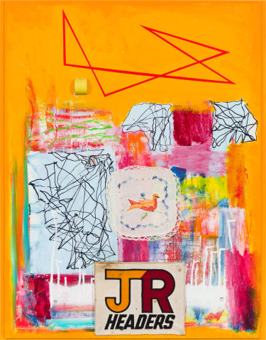 Gareth Sansom JR HEADERS, 2024; mixed media on plywood; 80 x 60 cm; more info; enquire