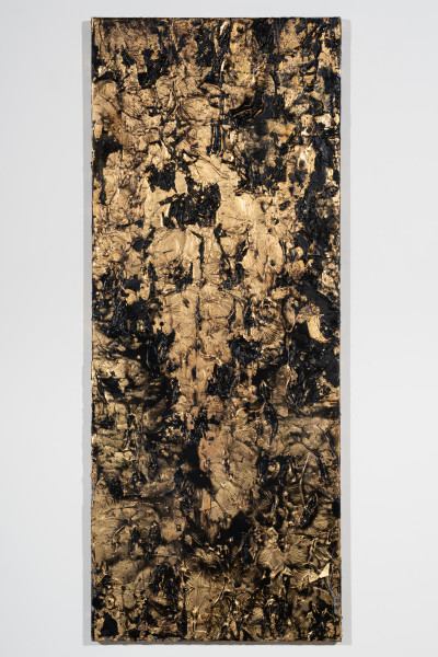 Kirtika Kain scorched II, 2026; Bristish gypsum, resin, bitumen, gold lead, wax and charcoal; 152 x 61 cm; enquire