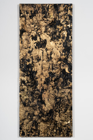 Kirtika Kain scorched II, 2026; Bristish gypsum, resin, bitumen, gold lead, wax and charcoal; 152 x 61 cm; enquire