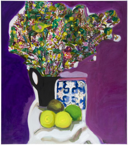 Angela Brennan Still life with a black jug & tile, 2009; oil on linen; 120.5 x 105 cm; enquire