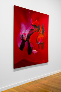 installation view; Dale Frank His eyes collided side to side in a dance floor disco embrace, his receding dick shuddered up and down, his exhausted breast strained, his sinuous muscles sagging balloons like an old ladies underarm flab, the vanilla cream filling of his life licked off, 2026; colour powder pigments in Epoxyglass, Epoxyglass, on perspex; 200 x 180 cm; enquire