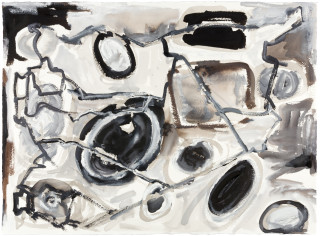 Fiona Hall Cage (Syria map 5), 2017; Cat no.  45; gouche and tapa dye on rag paper; 57 x 76 cm; enquire