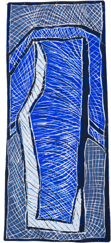 Dhambit Munuŋgurr Djapu ceremony ground, 2022; 2408-22; earth pigments and acrylic on bark; 208 x 91 cm; more info; enquire