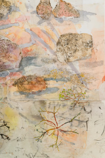 John Wolseley Walk across geological strata - Proterozoic to late Silurian: each step a million years III (detail), 2025-26; watercolour, graphite, charcoal and nature prints on paper; 107 x 124 cm; 134 x 149 cm (framed); enquire