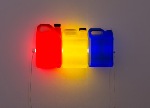Bill Culbert Red Yellow Blue, 2015; fluorescent light, plastic bottles; 30 x 60 x 12 cm; enquire