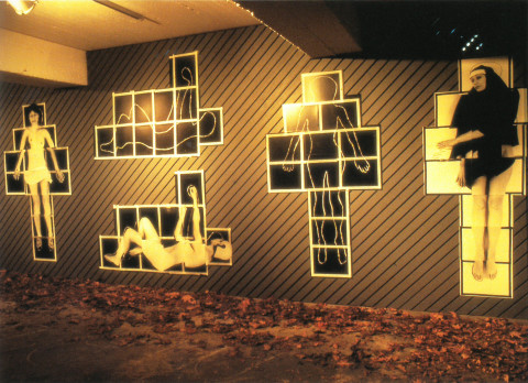 Julie Rrap Memory: Re-Enactment, 1983; black and white figure-mosaics, archival printed and mounted; 213 x 122 cm; enquire