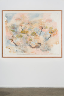 installation view; John Wolseley Great desert skink commune – basking mound, birthing pool and defecatorium, 2025; watercolour and graphite on paper; 118 x 154 cm; 134 x 169 cm (framed); enquire