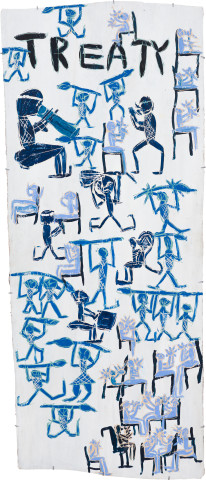 Dhambit Munuŋgurr Treaty, 2021; 1468-21; earth pigments and acrylic on bark; 234 x 100 cm; more info; enquire