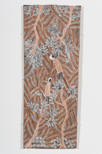 Yalmakany Marawili Burukpili, 2025; 3528-25; earth pigments on stringybark; 97 x 38.5 cm; enquire