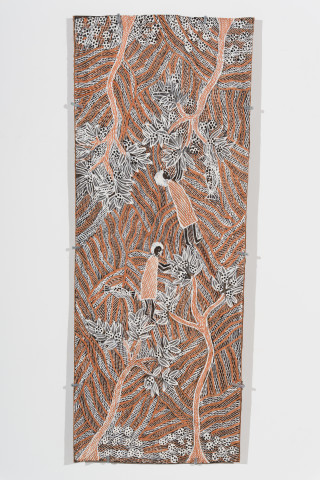 Yalmakany Marawili Burukpili, 2025; 3528-25; earth pigments on stringybark; 97 x 38.5 cm; more info; enquire
