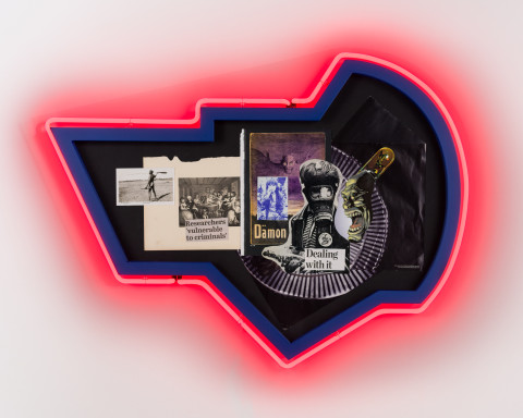 Brook Andrew This year, dealing with it..., 2020; paper, wood, neon, acrylic; 76 x 106 x 8.5 cm; enquire