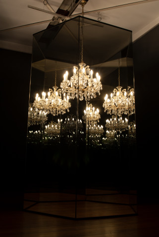 Yayoi Kusama Chandelier with Pain, 2002; mirror, chandelier, motor, strobe; 288 x 166 x 166 cm; Edition of 3; enquire
