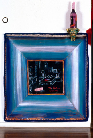 Juan Davila Great American Interior With A Chilean Condom, 1993; oil, bottle & collage on canvas; 153 x 112 cm; enquire