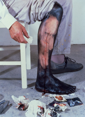 Mike Parr Blackleg (Mama/Papa), 1993; performance documentation, four type C colour photographs; 60 x 49 cm; enquire