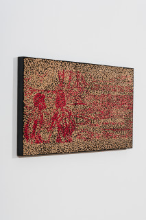 Daniel Boyd Untitled (WTSAUSWKTWTS), 2025; oil, acrylic and archival glue on board; 40 x 80 cm; enquire