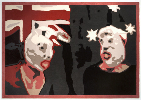 Destiny Deacon Fence sitters - carpet (A), 2007; wool carpet; 170 x 240 cm; Edition of 5 + 1 AP; enquire