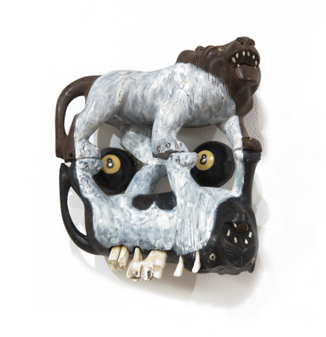 Fiona Hall Untitled, 2014; pool balls, deer teeth, wooden ornaments, paint; 22 x 18 x 11 cm; enquire