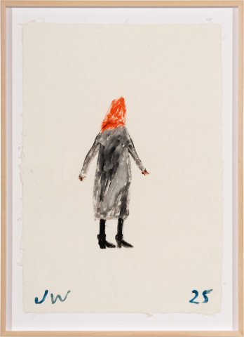 Jenny Watson Woman in a grey coat, 2025; acrylic on Japanese rice paper; 91.5 x 66.5 cm; enquire