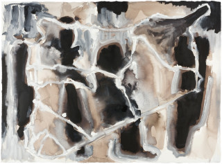 Fiona Hall Cage (Syria map 10), 2017; Cat no. 50; gouache and tapa dye on rag paper; 57 x 76 cm; enquire
