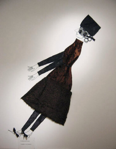 Jacqueline Fraser A sliding portrait eluded >, 2003; from the series AN ELEGANT PORTRAIT REFINED IN ELEVEN STUDIOUS PARTS >; wire, faux fur from Chelsea, N.Y., face veil Yves St Laurent beaded haute couture fabric, La Pigalle, Paris,; 245 x 120 cm; enquire