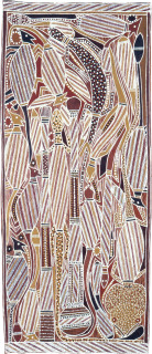 Don Gundinga Forest Creatures, 1989; natural ochre pigments on Stringybark; 119 x 51 cm; enquire