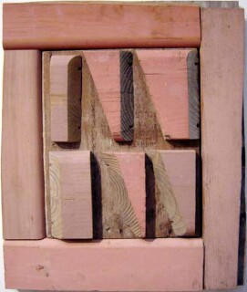 Rosalie Gascoigne Untitled (pink off cuts), 1993-94; painted wood with weathered plywood; 61 x 51.5 x 4 cm; enquire