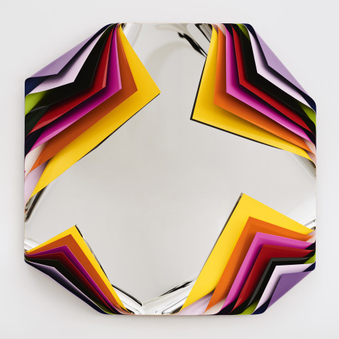 Jim Lambie Metal Box (Fez), 2019; polished steel and aluminium sheets, gloss paint; 80 x 80 x 22.5 cm; 20 kg; Enquire
