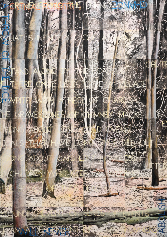 Imants Tillers Critical Forests 9, 2023; synthetic polymer paint, gouache on 32 canvasboards; 201 x 141 cm; more info; enquire