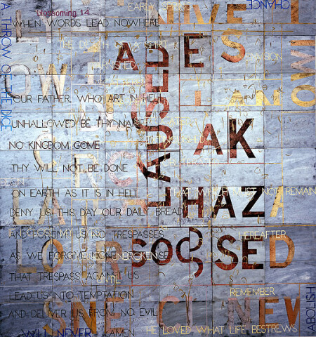 Imants Tillers Spring Frost (for G. B.), 2008; acrylic, gouache on 54 canvasboards nos. 78536 - 78589; 228.6 x 213.5 cm; enquire