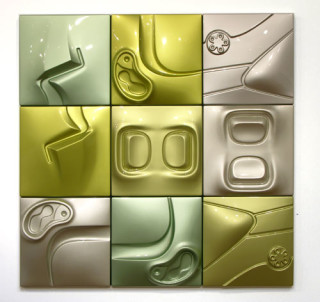 Patricia Piccinini 14. Radium, 2005; ABS plastic and automotive paint, 9 panels; 150 x 150 x 10 cm; each panel: 50 x 50 x 10 cm; Enquire