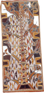 Les Midikuria Balk Balk Bush Tucker, 1993; natural ochre pigments on bark; 69 x 156 cm; enquire