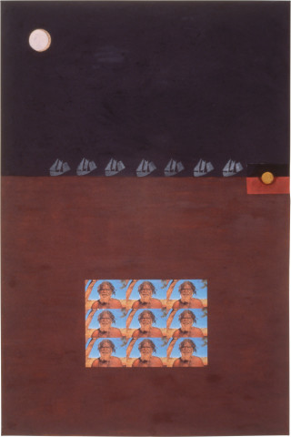 Fiona Foley 1788 Enter The White Savages, 1989; pastel, oil stick, pencil, collage and hair on paper; 152 x 102 cm; enquire
