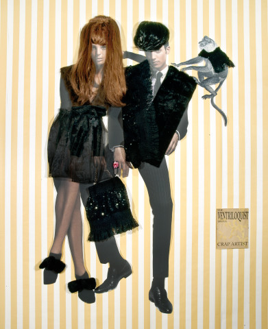 Jacqueline Fraser The Ventriloquist spies a crap artist., 2005; organza, faux fur, sequin knit lace, wigs, back light photo, French silk brocade; 230 x 140 cm; enquire
