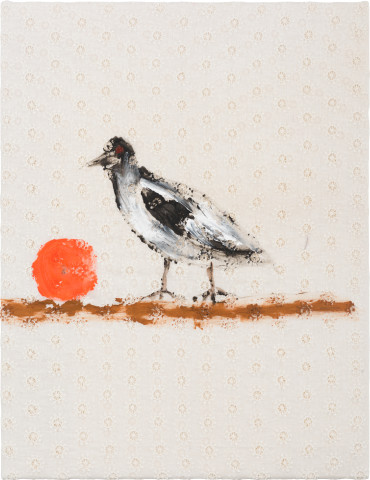 Jenny Watson Bird with Orange, 2022; acrylic on vintage American fabric; 46 x 35.5 x 2 cm; more info; enquire