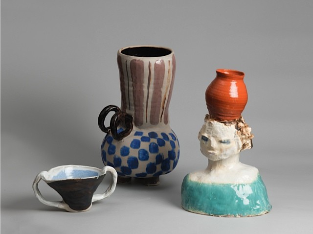 Angela Brennan Cup 2012, Jug with two handles 2013 and Bust with pot 2013; earthenware and stoneware, dimensions variable; Exhibited at Melbourne Now, National Gallery of Victoria, 2013-14