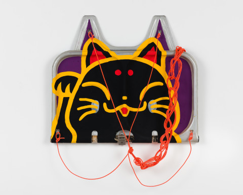 Claire Healy and Sean Cordeiro Manenki Neko, 2020; Iroquois aircraft panel, acrylic gouache, polyester cord; 70 x 85 x 7 cm; more info; enquire