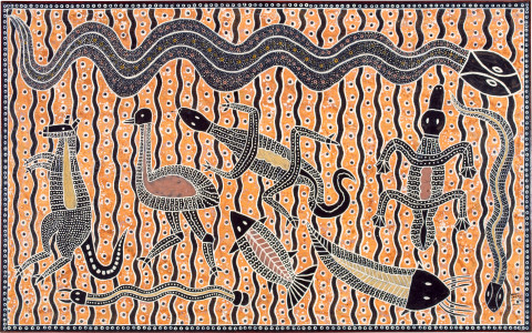 Robert Campbell Jnr Rainbow Serpent & Tucker, 1990; ochre on canvas; 122 x 199 cm; enquire