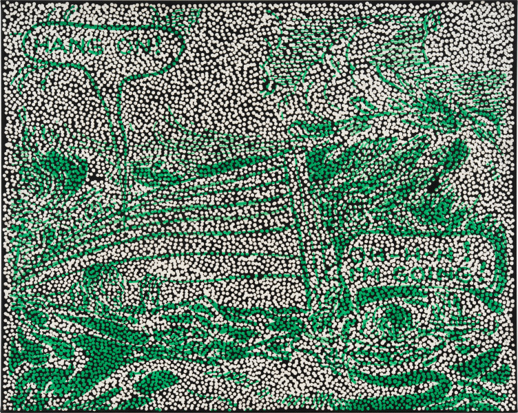 Daniel Boyd Untitled (STWGBTMFSH), 2025; oil, acrylic and archival glue on paper mounted to canvas; 80 x 100.5 cm; enquire